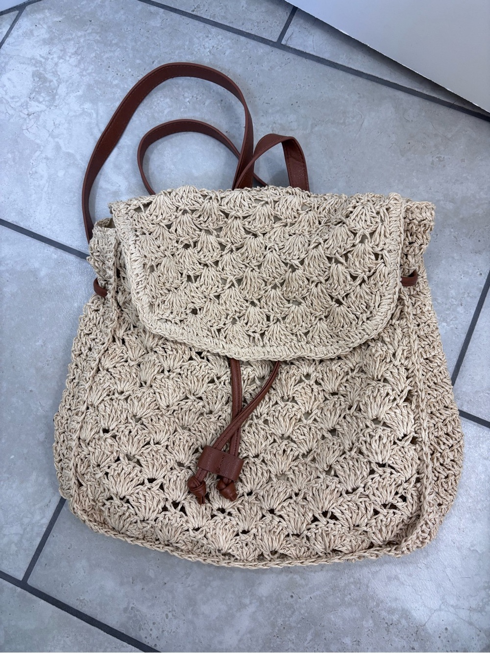Nordstrom Beige Woven Crochet Backpack with Brown Straps